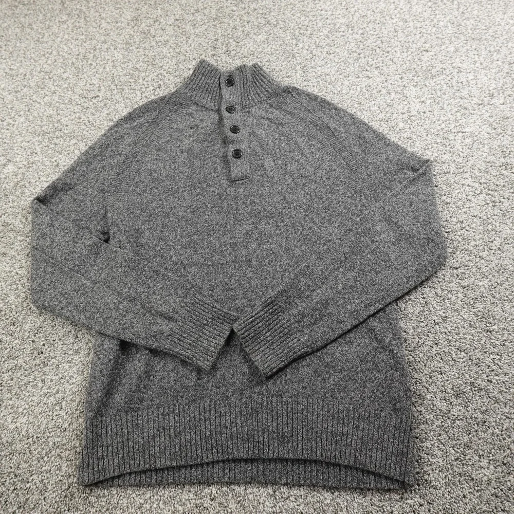 Banana Republic Sweater Mens M Gray Ragg Merino Wool Mock Neck‎ Henley Pullover